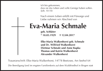 Traueranzeige von Eva-Maria Schmale von Trauerportal Rhein Main Presse