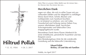 Traueranzeige von Hiltrud Pollak von  Kreisanzeiger