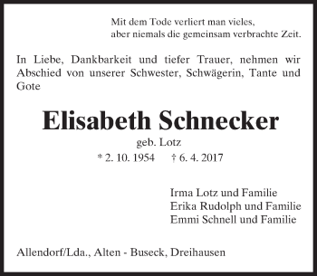 Traueranzeige von Elisabeth Schnecker von  Gießener Anzeiger