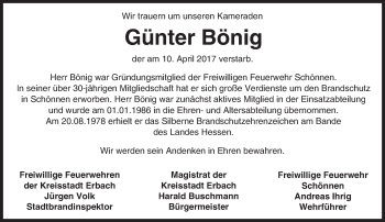 Traueranzeige von Günter Bönig von Trauerportal Echo Online