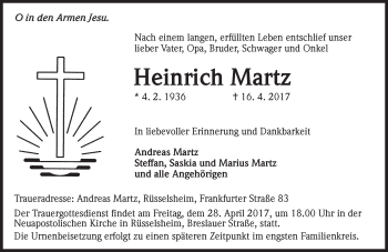 Traueranzeige von Heinrich Martz von Trauerportal Rhein Main Presse