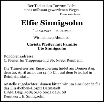 Traueranzeige von Elfie Sinnigsohn von Trauerportal Echo Online