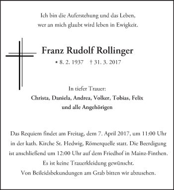 Traueranzeige von Franz Rudolf Rollinger von Trauerportal Rhein Main Presse