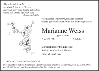 Traueranzeige von Marianne Weiss von  Kreisanzeiger