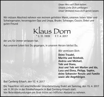 Traueranzeige von Klaus Dorn von  Camberger Anzeiger