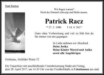 Traueranzeige von Patrick Racz von VRM Trauer