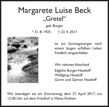 Traueranzeige von Margarete Luise Beck von Trauerportal Rhein Main Presse