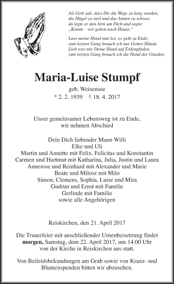 Traueranzeige von Maria-Luise Stumpf von  Gießener Anzeiger