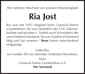 Traueranzeige von Ria Jost von Trauerportal Rhein Main Presse