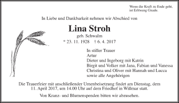 Traueranzeige von Lina Stroh von  Gießener Anzeiger