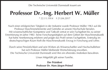 Traueranzeige von Herbert W. Müller von Trauerportal Echo Online