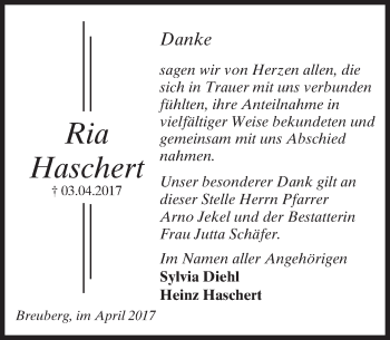 Traueranzeige von Ria Haschert von Trauerportal Echo Online