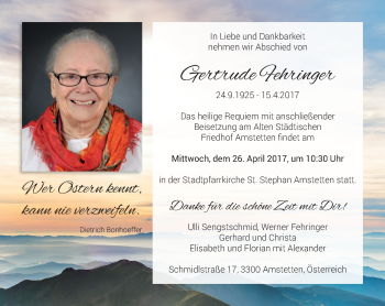 Traueranzeige von Gertrude Fehringer von VRM Trauer