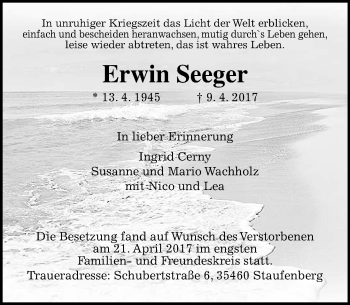 Traueranzeige von Erwin Seeger von  Gießener Anzeiger