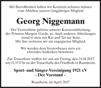 Traueranzeige von Georg Niggemann von Trauerportal Rhein Main Presse