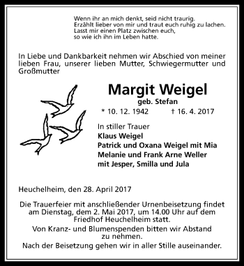 Traueranzeige von Margit Weigel von  Gießener Anzeiger