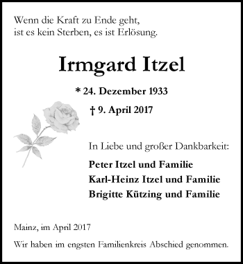 Traueranzeige von Irmgard Itzel von Trauerportal Rhein Main Presse