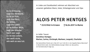 Traueranzeige von Alois Peter Hentges von Trauerportal Rhein Main Presse