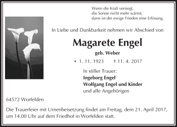 Traueranzeige von Magarete Engel von Trauerportal Echo Online