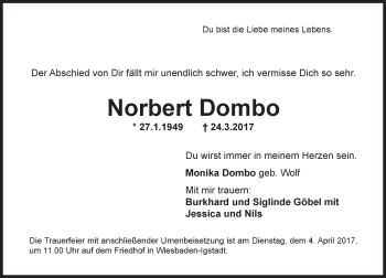Traueranzeige von Norbert Dombo von Trauerportal Rhein Main Presse