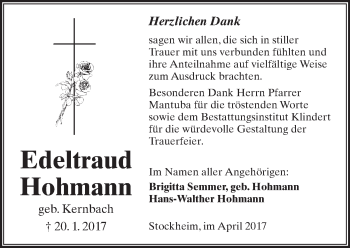 Traueranzeige von Edeltraud Hohmann von  Kreisanzeiger