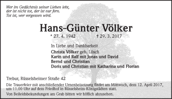 Traueranzeige von Hans-Günter Völker von Trauerportal Rhein Main Presse