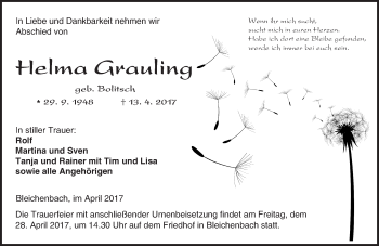 Traueranzeige von Helma Grauling von  Kreisanzeiger