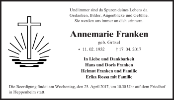 Traueranzeige von Annemarie Franken von Trauerportal Echo Online