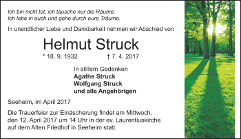 Traueranzeige von Helmut Struck von Trauerportal Echo Online