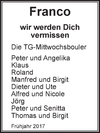 Traueranzeige von Franco  von Trauerportal Rhein Main Presse