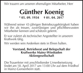 Traueranzeige von Günther Koenig von Trauerportal Rhein Main Presse