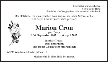 Traueranzeige von Marion Cron von Trauerportal Rhein Main Presse