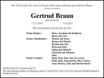 Traueranzeige von Gertrud Braun von Trauerportal Rhein Main Presse