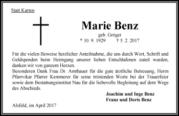 Traueranzeige von Marie Benz von VRM Trauer