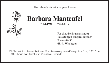 Traueranzeige von Barbara Manteufel von Trauerportal Rhein Main Presse Traueranzeige von Barbara Manteufel von Trauerportal Rhein Main Presse