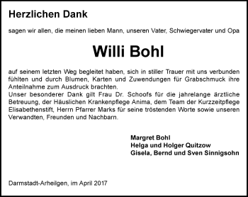 Traueranzeige von Willi Bohl von Trauerportal Echo Online