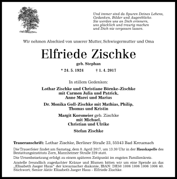 Traueranzeige von Elfriede Zischke von Trauerportal Rhein Main Presse
