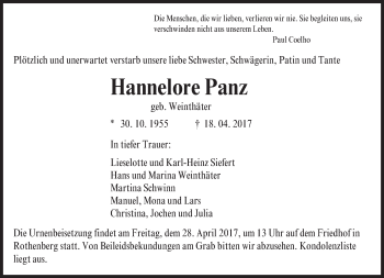Traueranzeige von Hannelore Panz von Trauerportal Echo Online