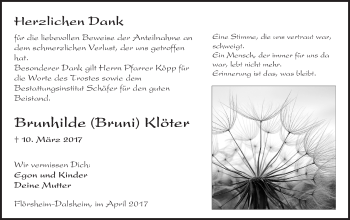 Traueranzeige von Brunhilde Klöter von Trauerportal Rhein Main Presse