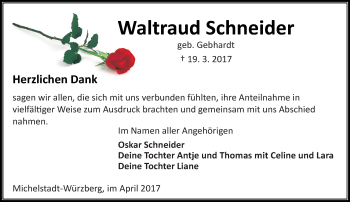 Traueranzeige von Waltraud Schneider von Trauerportal Echo Online
