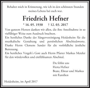 Traueranzeige von Friedrich Hefner von Trauerportal Rhein Main Presse
