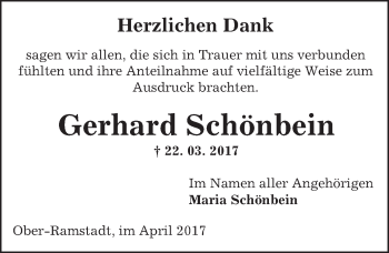 Traueranzeige von Gerhard Schönbein von Trauerportal Echo Online