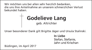 Traueranzeige von Godelieve Lang von  Kreisanzeiger