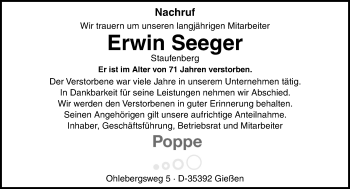 Traueranzeige von Erwin Seeger von  Gießener Anzeiger
