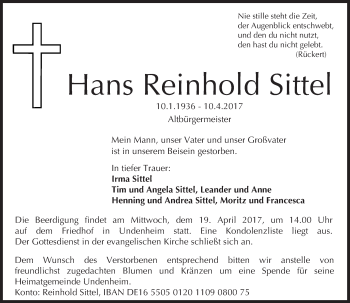 Traueranzeige von Hans Reinhold Sittel von Trauerportal Rhein Main Presse