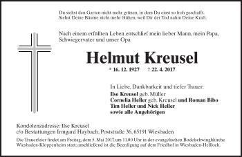 Traueranzeige von Helmut Kreusel von Trauerportal Rhein Main Presse