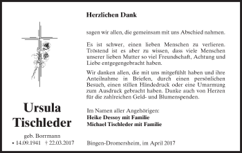 Traueranzeige von Ursula Tischleder von Trauerportal Rhein Main Presse