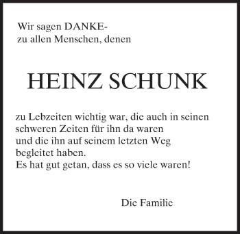 Traueranzeige von Heinz Schunk von Trauerportal Rhein Main Presse