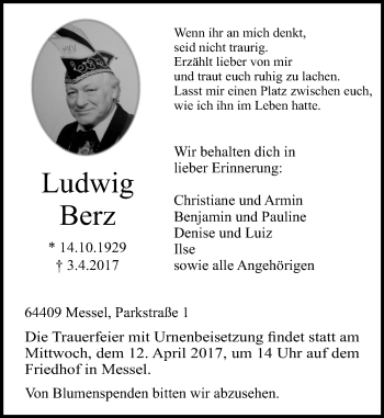 Traueranzeige von Ludwig Berz von Trauerportal Echo Online