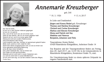 Traueranzeige von Annemarie Kreuzberger von Trauerportal Rhein Main Presse
